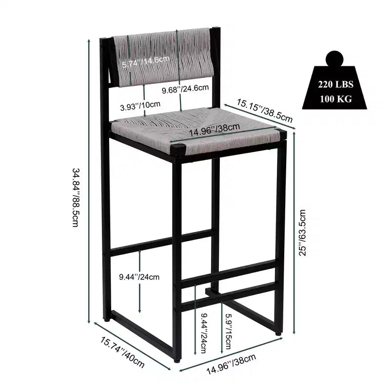 Bar Stools Set of 2, Modern Counter Height, Paper Rope Woven with Back for Kitchen Island, Dining Room, Pub, Bistro