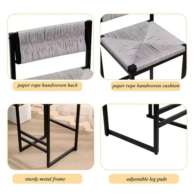 Bar Stools Set of 2, Modern Counter Height, Paper Rope Woven with Back for Kitchen Island, Dining Room, Pub, Bistro