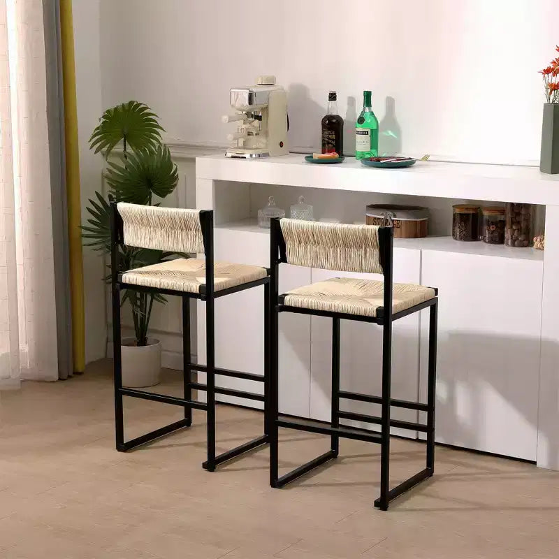 Bar Stools Set of 2, Modern Counter Height, Paper Rope Woven with Back for Kitchen Island, Dining Room, Pub, Bistro