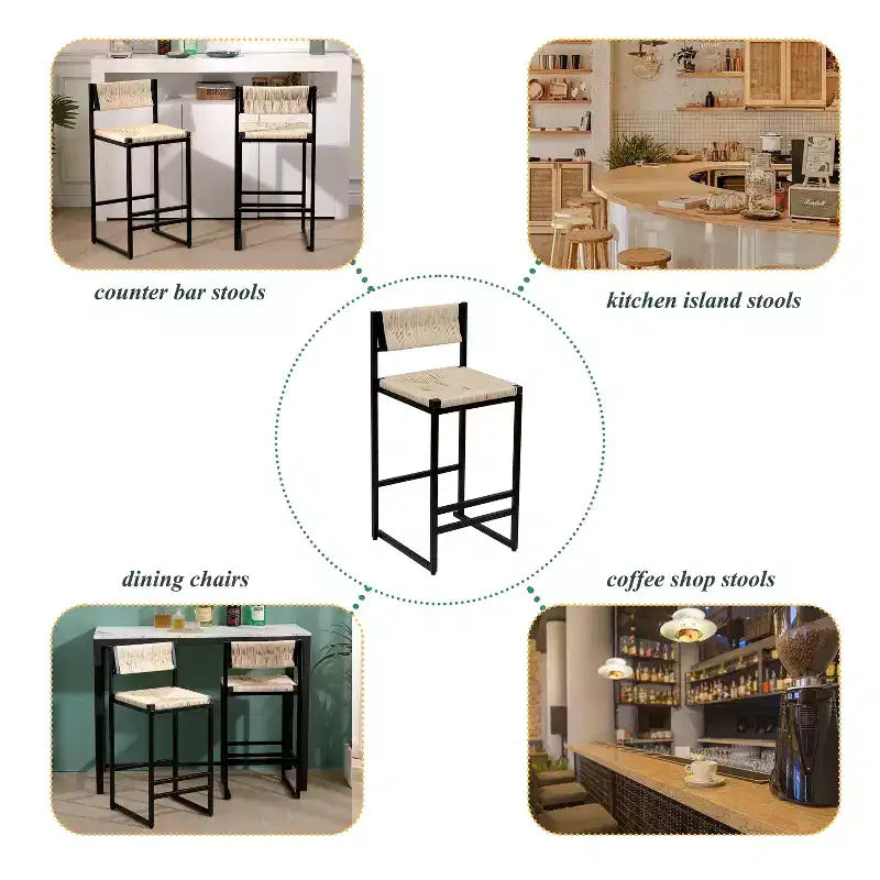 Bar Stools Set of 2, Modern Counter Height, Paper Rope Woven with Back for Kitchen Island, Dining Room, Pub, Bistro