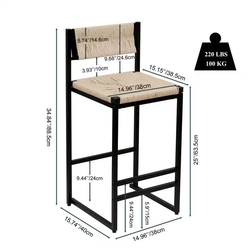 Bar Stools Set of 2, Modern Counter Height, Paper Rope Woven with Back for Kitchen Island, Dining Room, Pub, Bistro