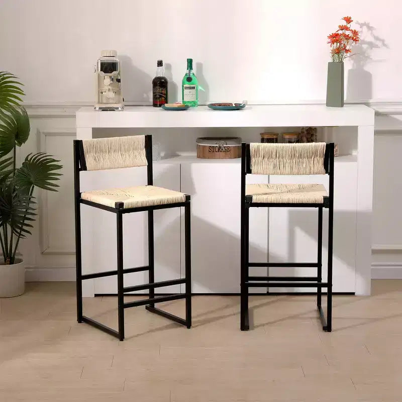 Bar Stools Set of 2, Modern Counter Height, Paper Rope Woven with Back for Kitchen Island, Dining Room, Pub, Bistro