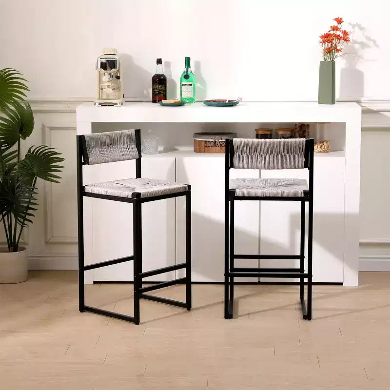 Bar Stools Set of 2, Modern Counter Height, Paper Rope Woven with Back for Kitchen Island, Dining Room, Pub, Bistro