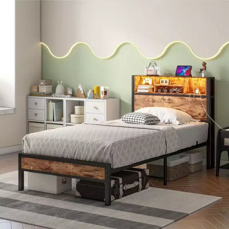 MAYEERTY Twin Size Bed Frame with Storage Headboard, Charging Station & RGB LED Lights, Heavy Duty No Box Spring Needed