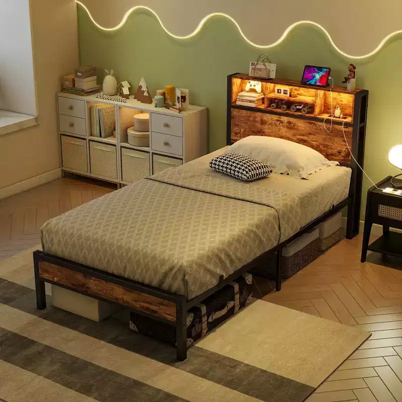 MAYEERTY Twin Size Bed Frame with Storage Headboard, Charging Station & RGB LED Lights, Heavy Duty No Box Spring Needed