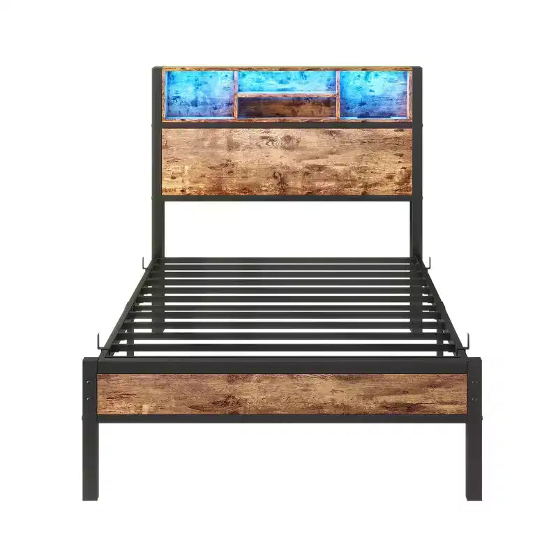 MAYEERTY Twin Size Bed Frame with Storage Headboard, Charging Station & RGB LED Lights, Heavy Duty No Box Spring Needed