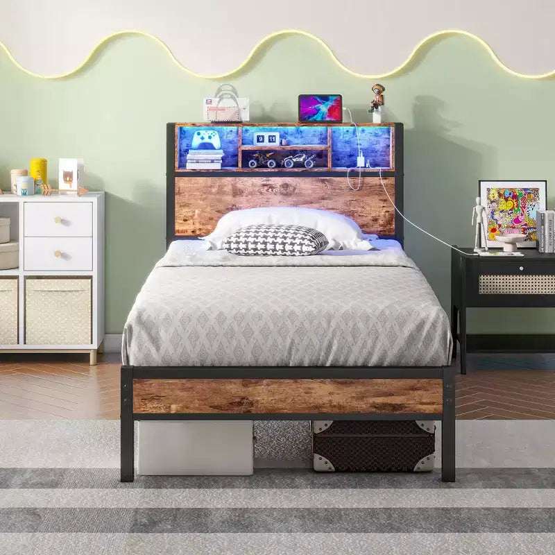 MAYEERTY Twin Size Bed Frame with Storage Headboard, Charging Station & RGB LED Lights, Heavy Duty No Box Spring Needed