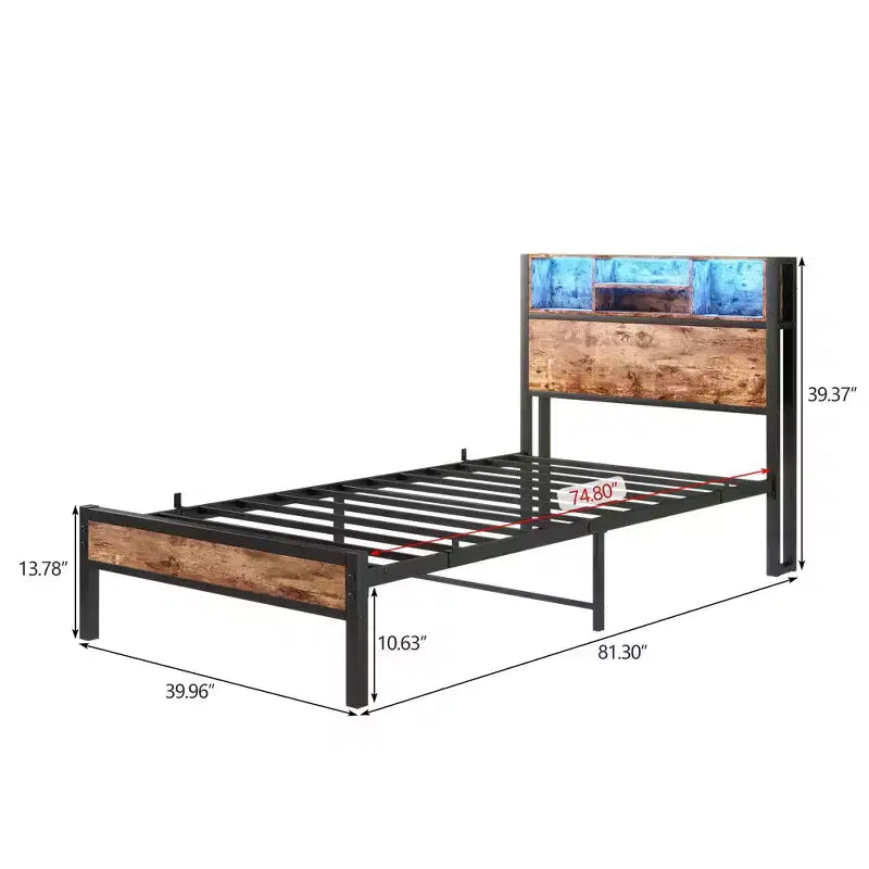 MAYEERTY Twin Size Bed Frame with Storage Headboard, Charging Station & RGB LED Lights, Heavy Duty No Box Spring Needed