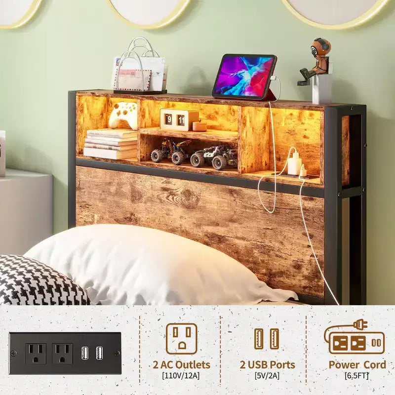 MAYEERTY Twin Size Bed Frame with Storage Headboard, Charging Station & RGB LED Lights, Heavy Duty No Box Spring Needed