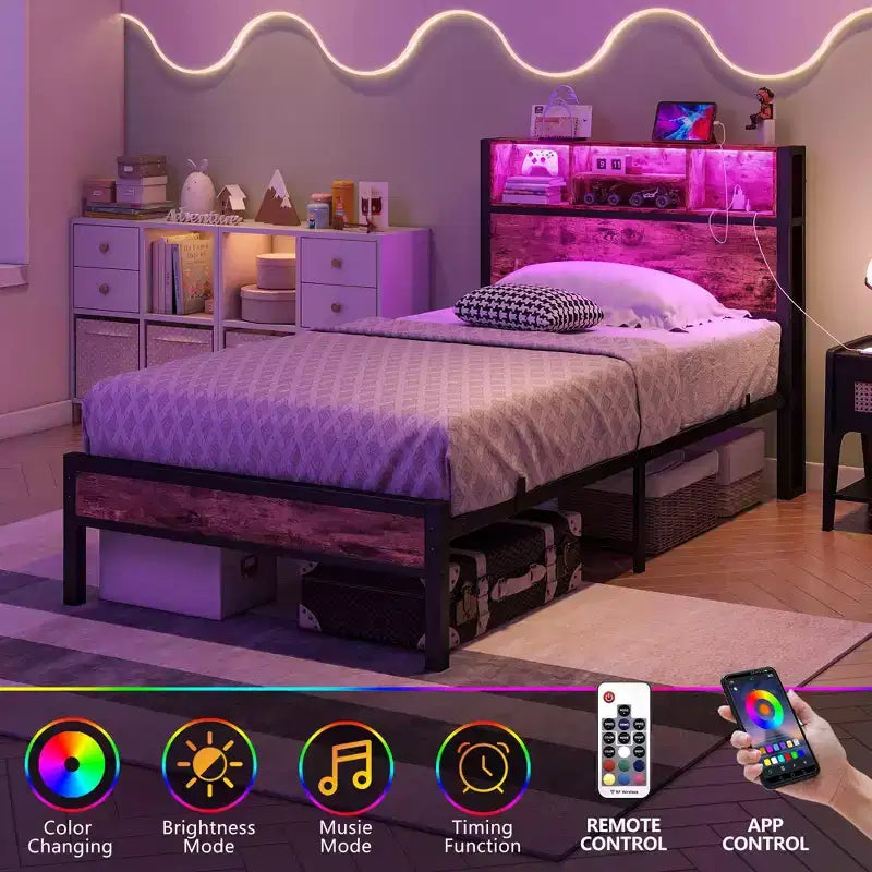 MAYEERTY Twin Size Bed Frame with Storage Headboard, Charging Station & RGB LED Lights, Heavy Duty No Box Spring Needed