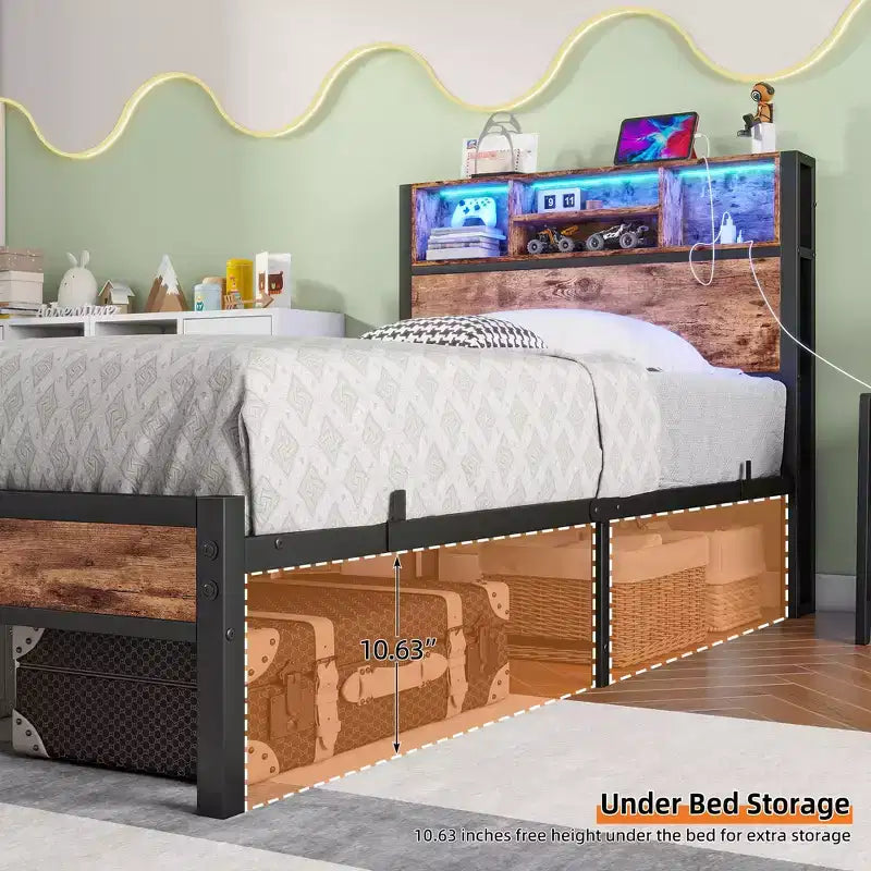 MAYEERTY Twin Size Bed Frame with Storage Headboard, Charging Station & RGB LED Lights, Heavy Duty No Box Spring Needed