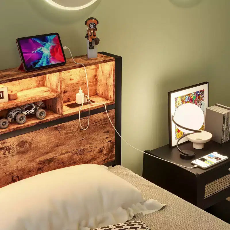 MAYEERTY Twin Size Bed Frame with Storage Headboard, Charging Station & RGB LED Lights, Heavy Duty No Box Spring Needed