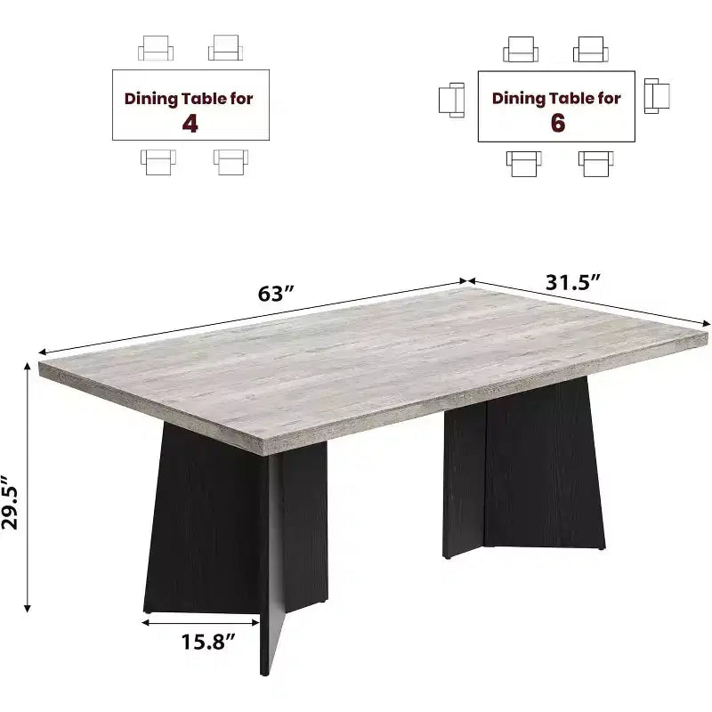 Dining Table for 4-6, 63 Inch Farmhouse Kitchen Table with Large Tabletop, Rectangular Dinner Eating Table for Dining Room, Kitchen, Office