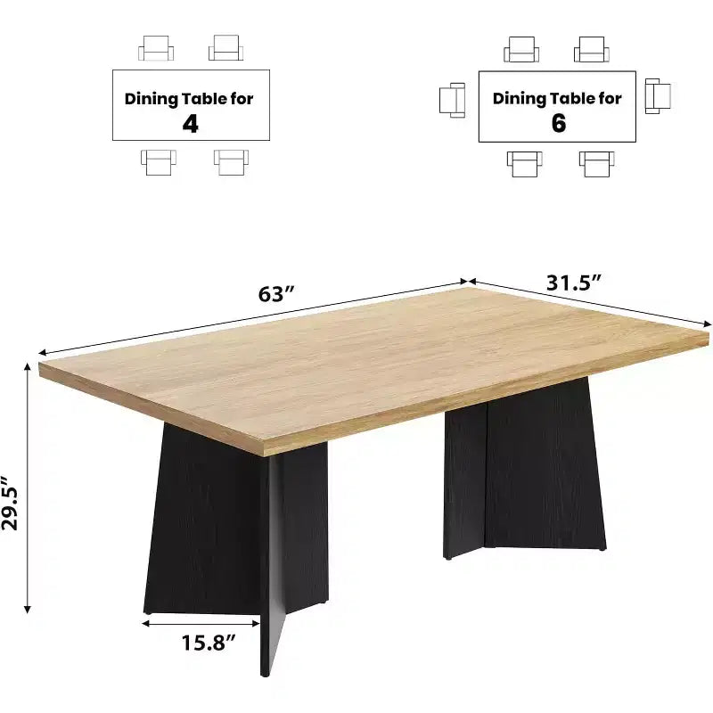 Dining Table for 4-6, 63 Inch Farmhouse Kitchen Table with Large Tabletop, Rectangular Dinner Eating Table for Dining Room, Kitchen, Office