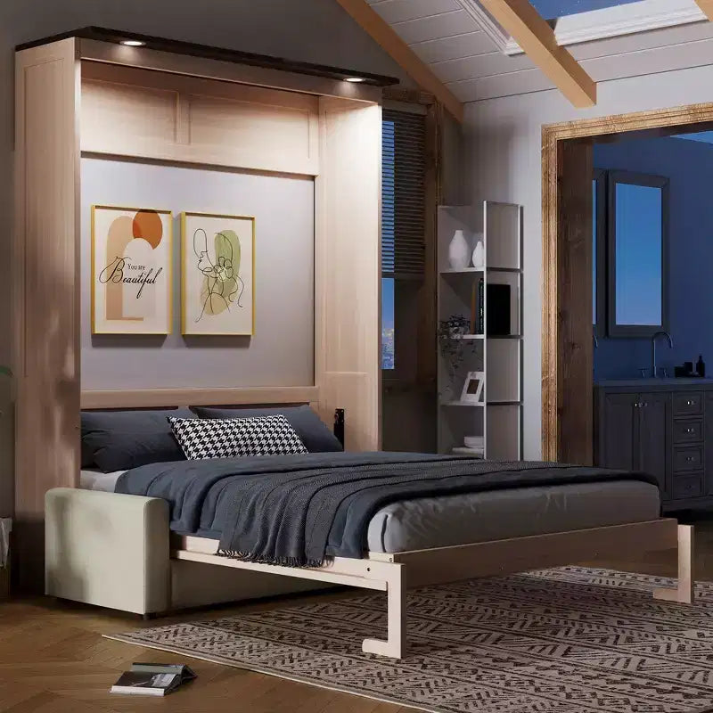 Whisen Queen Size Murphy Bed with Sofa and LED