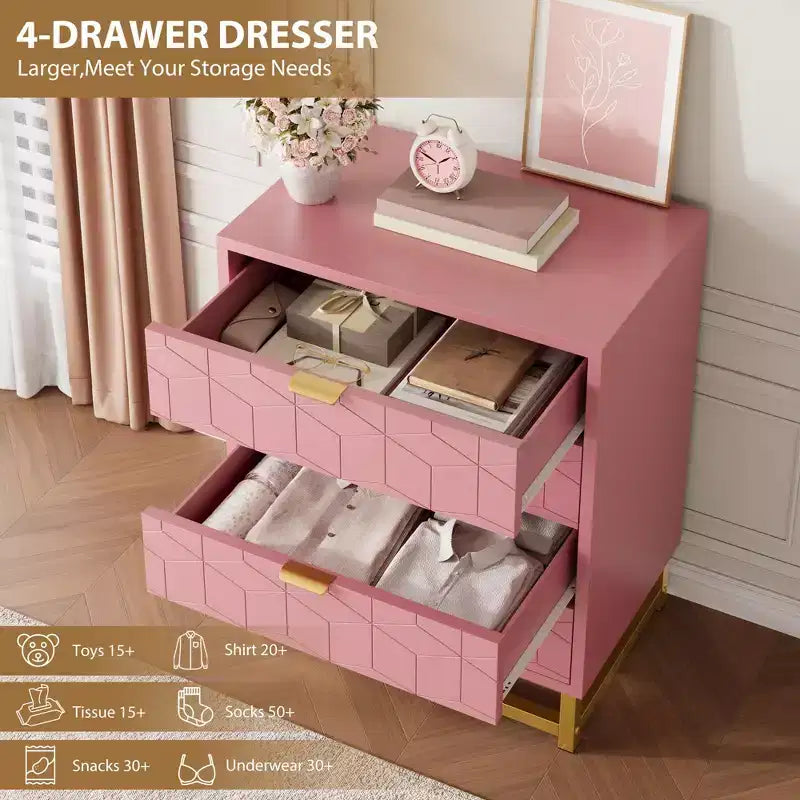 COZONY 4-Drawer Pink Dresser with Gold Handles, Modern Storage Chest for Bedroom, Hallway & Entryway Organization