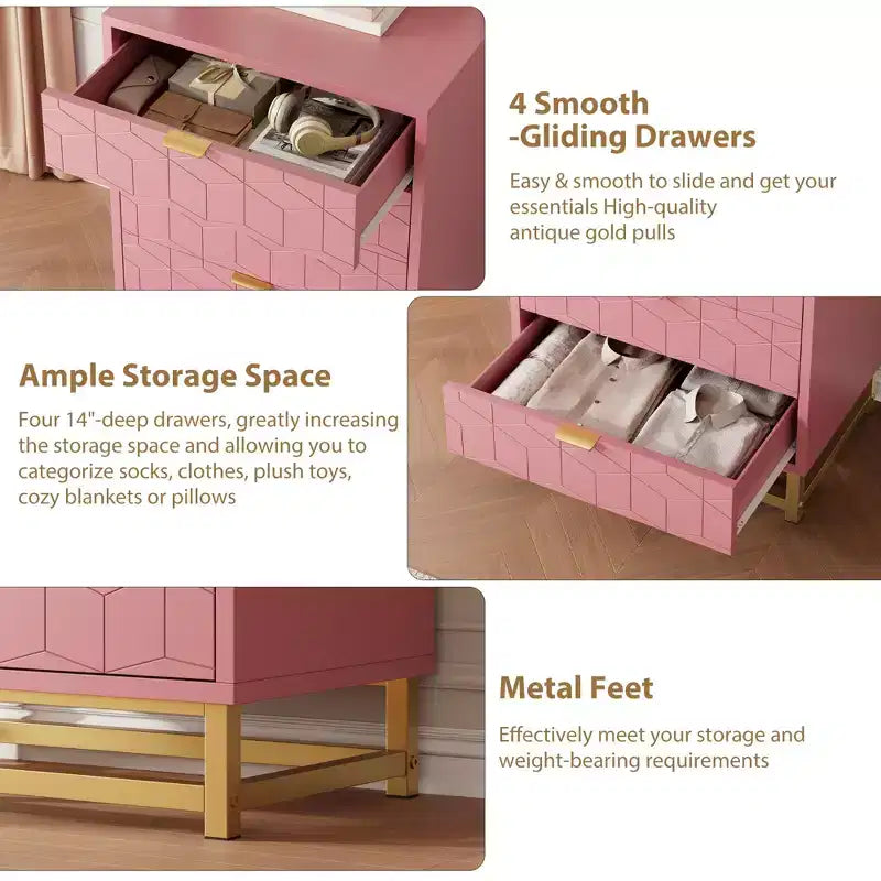 COZONY 4-Drawer Pink Dresser with Gold Handles, Modern Storage Chest for Bedroom, Hallway & Entryway Organization