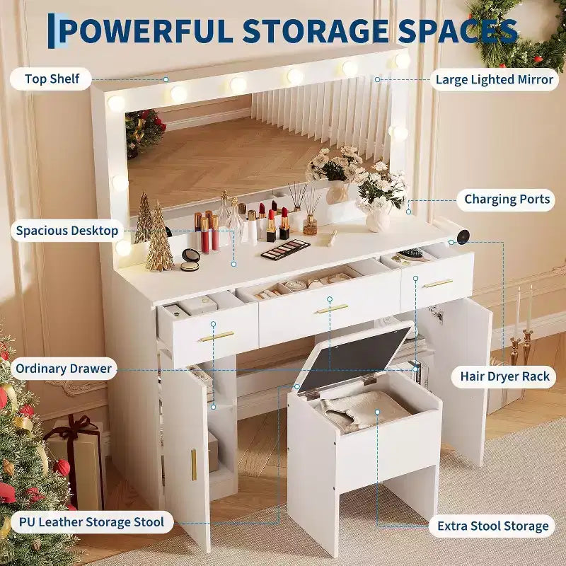 Vanity Desk with Mirror and Lights, Large Makeup Vanity Table with Power Outlet and Stool, White Vanity Dressing Table for Bedroom Dressing Room