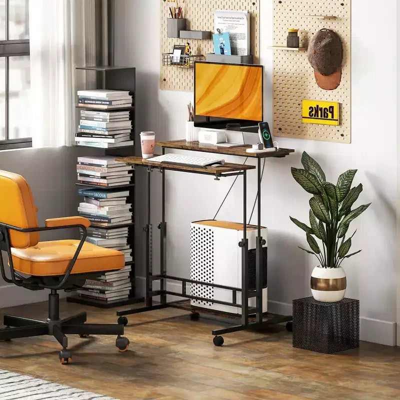 Rolling Standing Desk with Charging Station, Adjustable Height Mobile Desk with Wheels