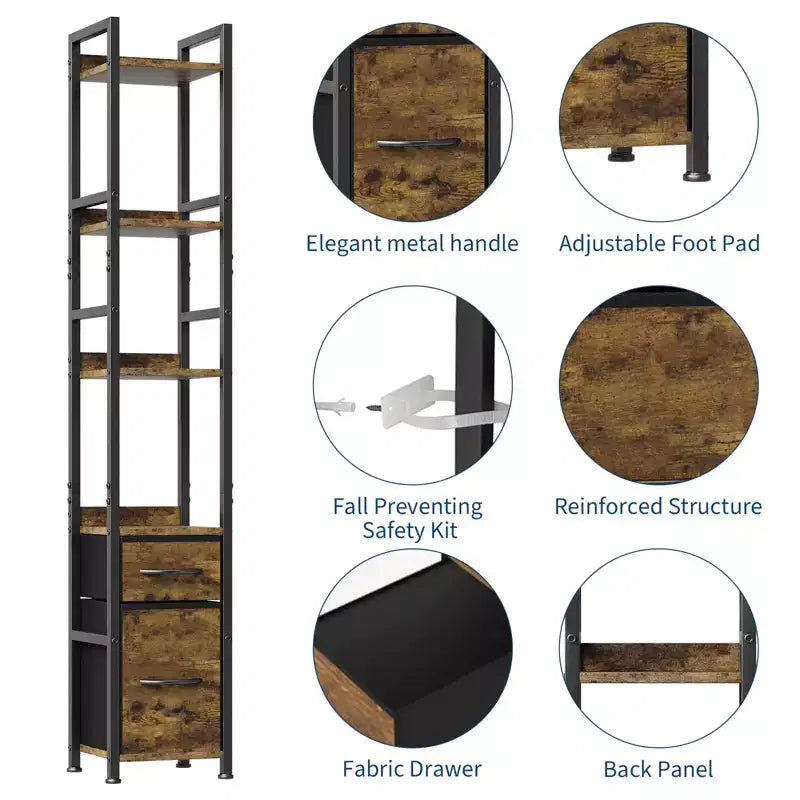 Bookshelf, Bookcase  6 Tier Industrial Tall Narrow Bookcase with 2 Fabric Drawers Metal Frame Storage Organizer