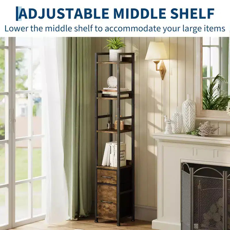 Bookshelf, Bookcase  6 Tier Industrial Tall Narrow Bookcase with 2 Fabric Drawers Metal Frame Storage Organizer