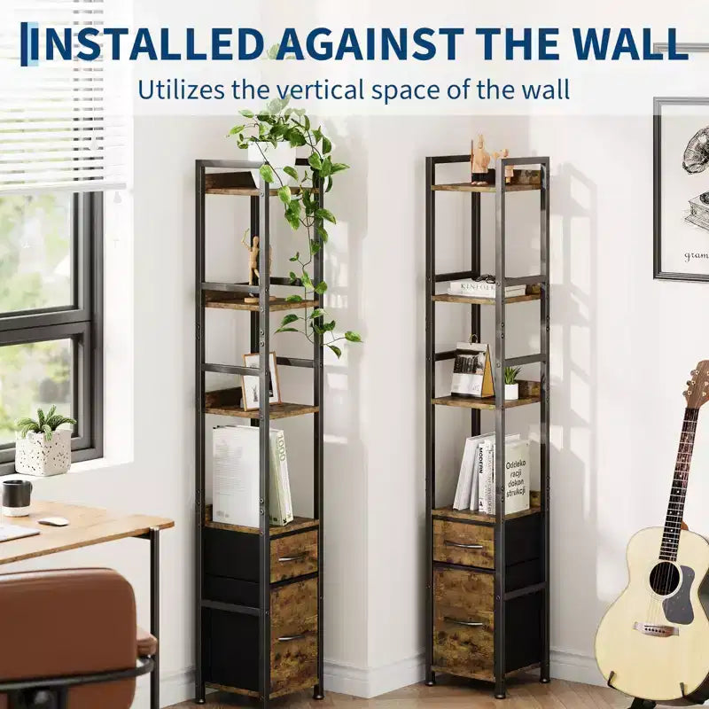 Bookshelf, Bookcase  6 Tier Industrial Tall Narrow Bookcase with 2 Fabric Drawers Metal Frame Storage Organizer