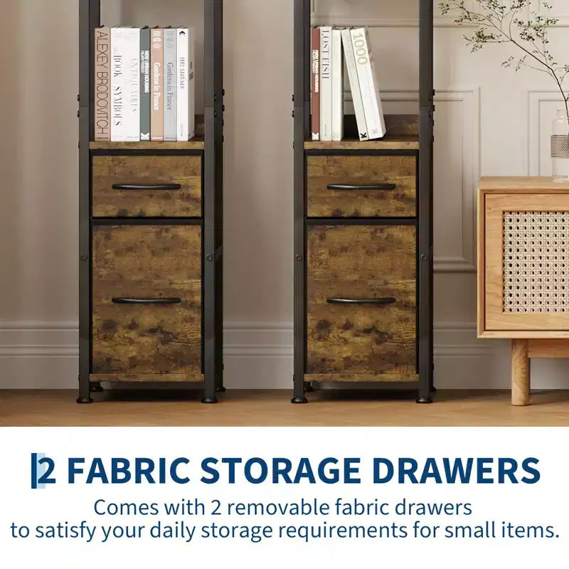 Bookshelf, Bookcase  6 Tier Industrial Tall Narrow Bookcase with 2 Fabric Drawers Metal Frame Storage Organizer