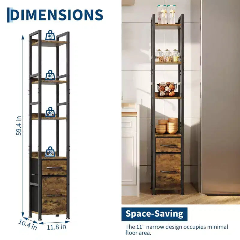 Bookshelf, Bookcase  6 Tier Industrial Tall Narrow Bookcase with 2 Fabric Drawers Metal Frame Storage Organizer