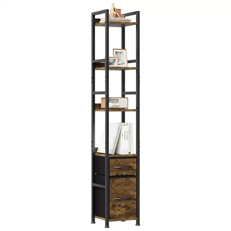 Bookshelf, Bookcase  6 Tier Industrial Tall Narrow Bookcase with 2 Fabric Drawers Metal Frame Storage Organizer