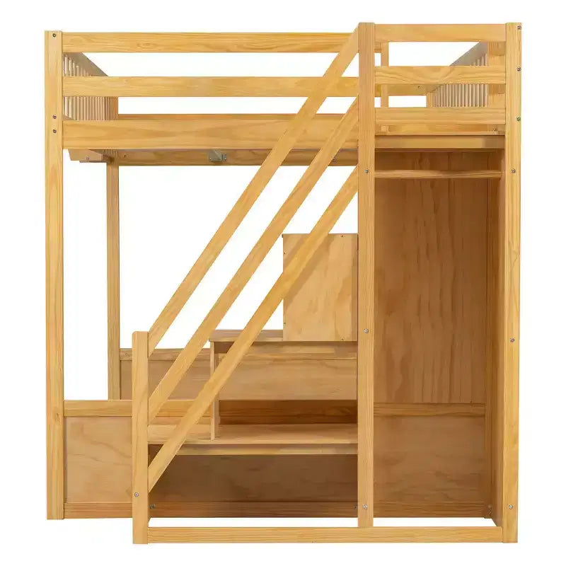 Whisen Queen Size Wooden Loft Bed Frame with Staircase and Wardrobe, Storage Shelves and Under-bed Space