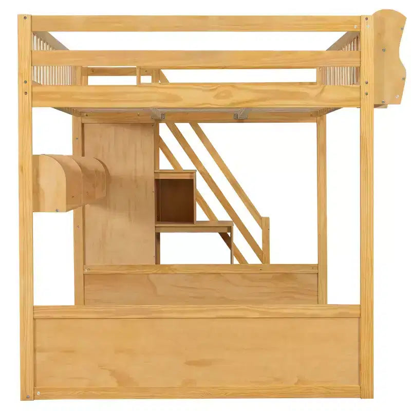 Whisen Queen Size Wooden Loft Bed Frame with Staircase and Wardrobe, Storage Shelves and Under-bed Space