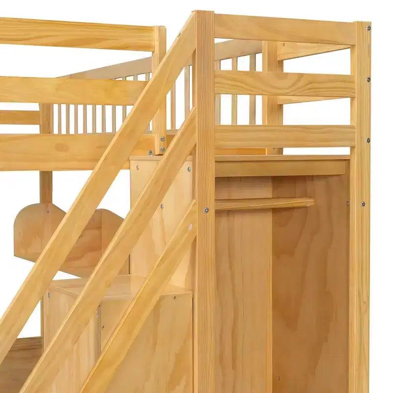 Whisen Queen Size Wooden Loft Bed Frame with Staircase and Wardrobe, Storage Shelves and Under-bed Space