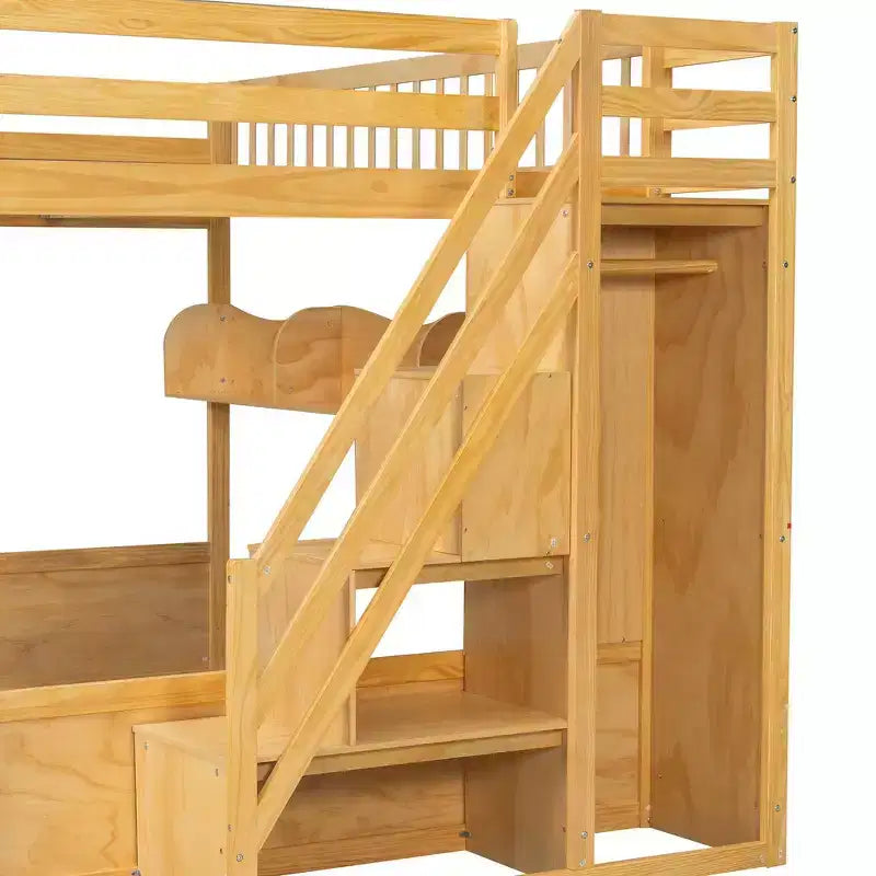 Whisen Queen Size Wooden Loft Bed Frame with Staircase and Wardrobe, Storage Shelves and Under-bed Space