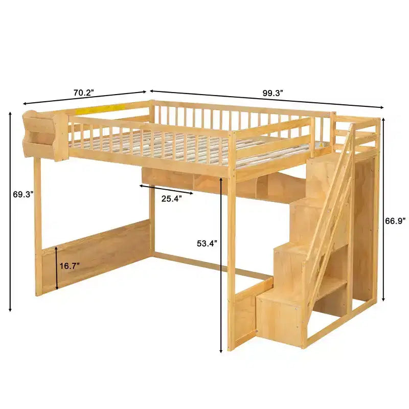 Whisen Queen Size Wooden Loft Bed Frame with Staircase and Wardrobe, Storage Shelves and Under-bed Space