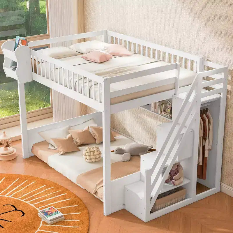 Whisen Queen Size Wooden Loft Bed Frame with Staircase and Wardrobe, Storage Shelves and Under-bed Space