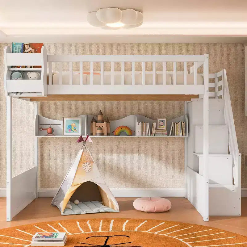 Whisen Queen Size Wooden Loft Bed Frame with Staircase and Wardrobe, Storage Shelves and Under-bed Space