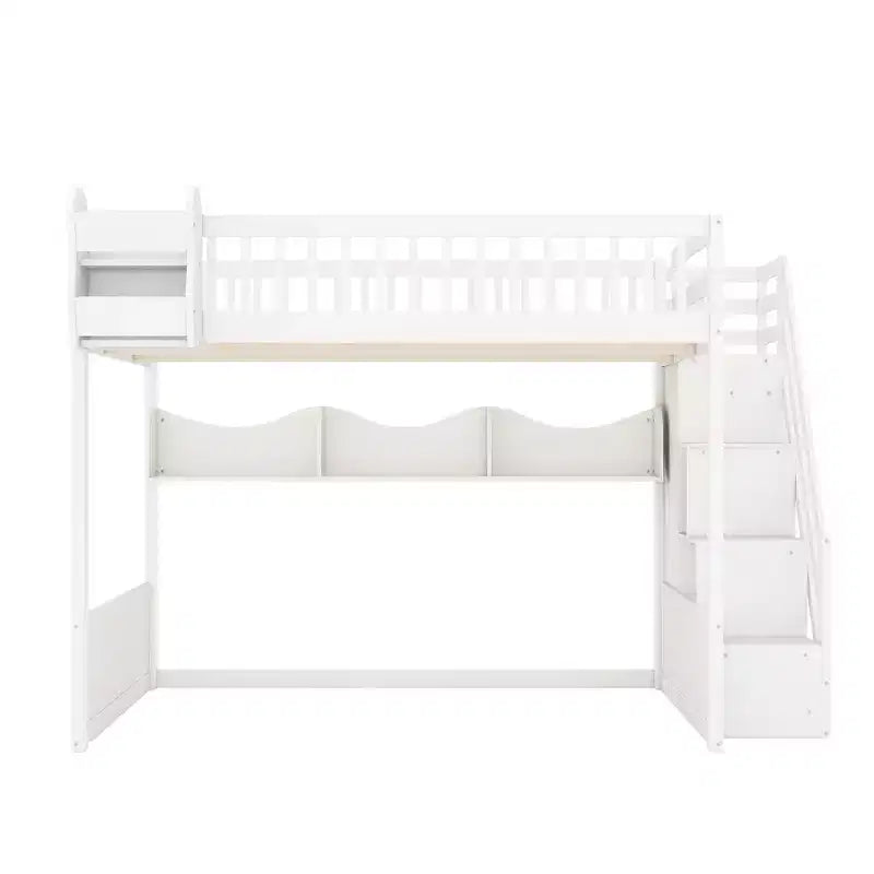Whisen Queen Size Wooden Loft Bed Frame with Staircase and Wardrobe, Storage Shelves and Under-bed Space