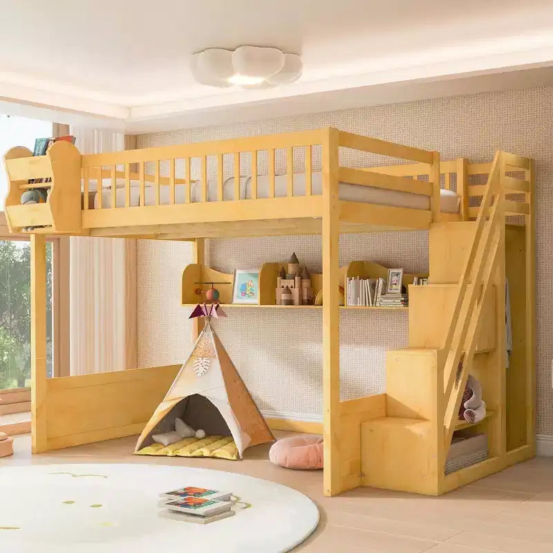 Whisen Queen Size Wooden Loft Bed Frame with Staircase and Wardrobe, Storage Shelves and Under-bed Space