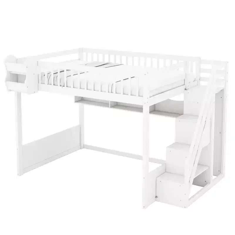 Whisen Queen Size Wooden Loft Bed Frame with Staircase and Wardrobe, Storage Shelves and Under-bed Space