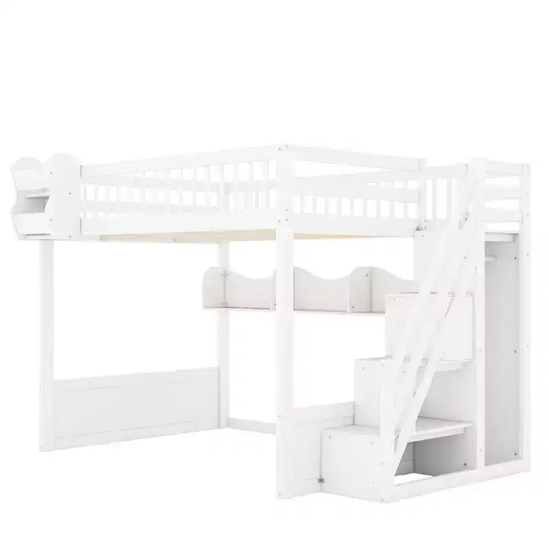Whisen Queen Size Wooden Loft Bed Frame with Staircase and Wardrobe, Storage Shelves and Under-bed Space