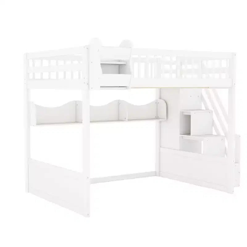 Whisen Queen Size Wooden Loft Bed Frame with Staircase and Wardrobe, Storage Shelves and Under-bed Space
