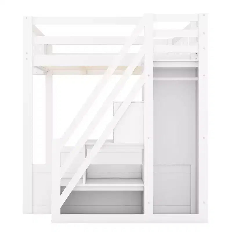 Whisen Queen Size Wooden Loft Bed Frame with Staircase and Wardrobe, Storage Shelves and Under-bed Space