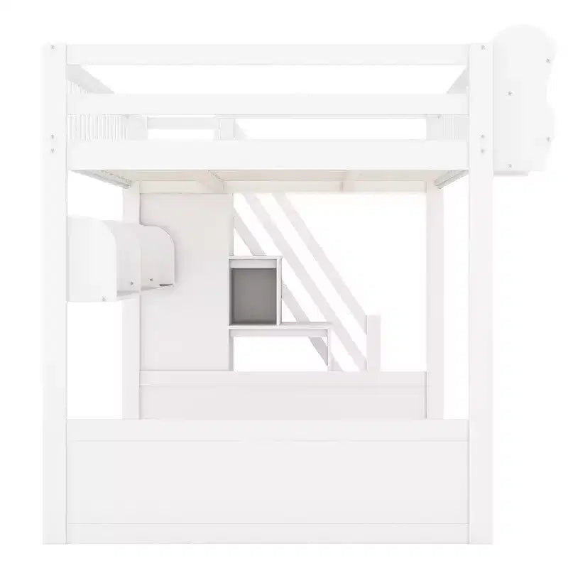 Whisen Queen Size Wooden Loft Bed Frame with Staircase and Wardrobe, Storage Shelves and Under-bed Space