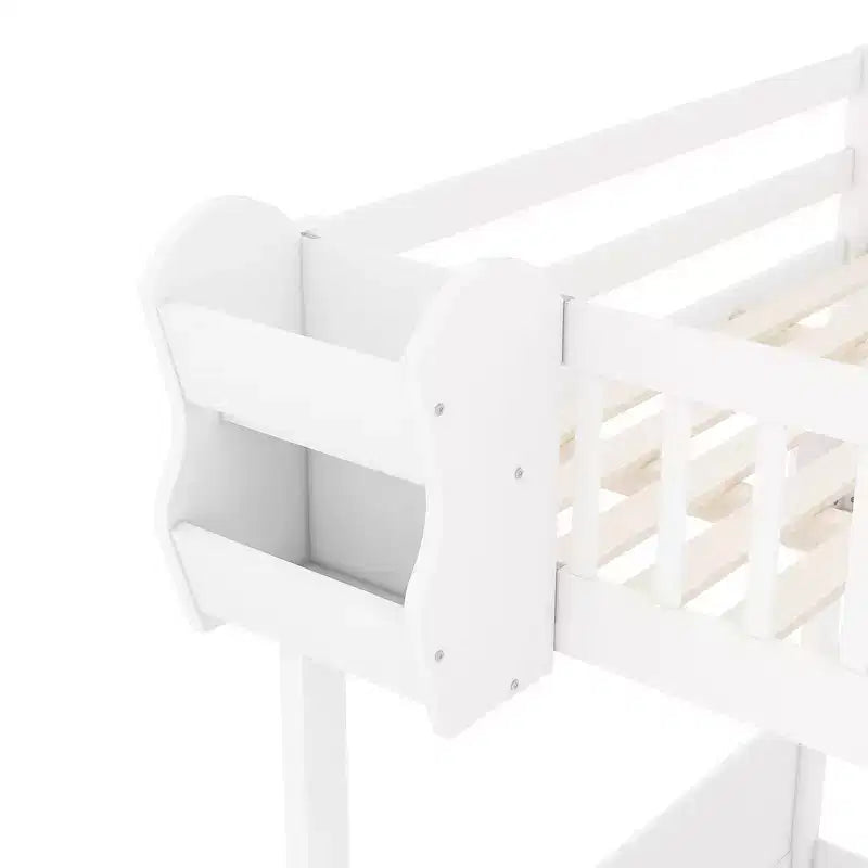 Whisen Queen Size Wooden Loft Bed Frame with Staircase and Wardrobe, Storage Shelves and Under-bed Space