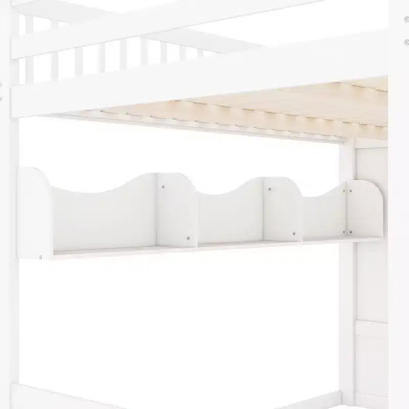 Whisen Queen Size Wooden Loft Bed Frame with Staircase and Wardrobe, Storage Shelves and Under-bed Space