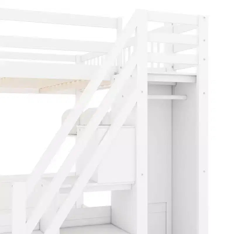 Whisen Queen Size Wooden Loft Bed Frame with Staircase and Wardrobe, Storage Shelves and Under-bed Space