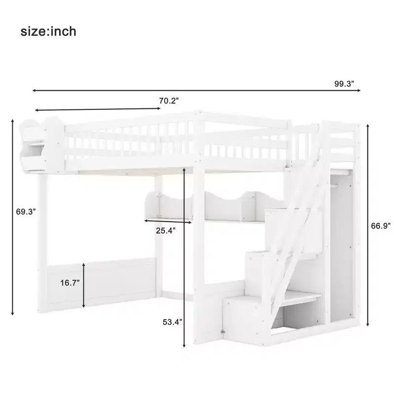 Whisen Queen Size Wooden Loft Bed Frame with Staircase and Wardrobe, Storage Shelves and Under-bed Space