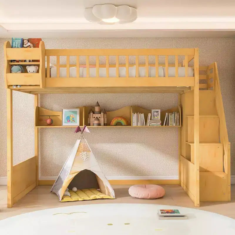 Whisen Queen Size Wooden Loft Bed Frame with Staircase and Wardrobe, Storage Shelves and Under-bed Space
