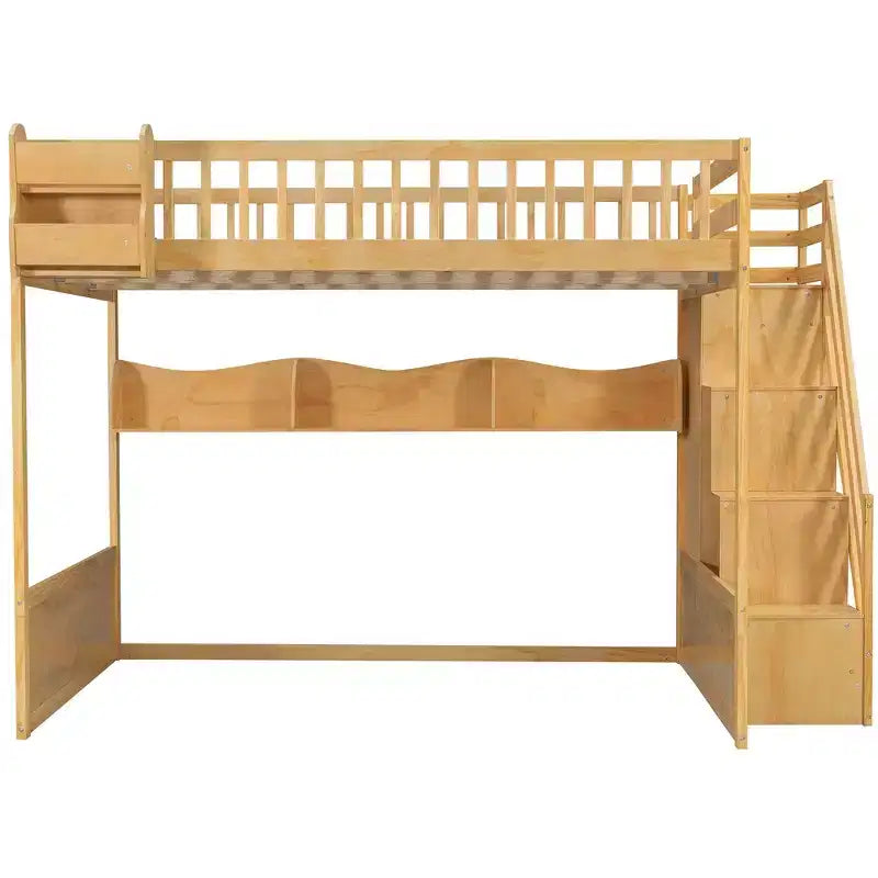 Whisen Queen Size Wooden Loft Bed Frame with Staircase and Wardrobe, Storage Shelves and Under-bed Space