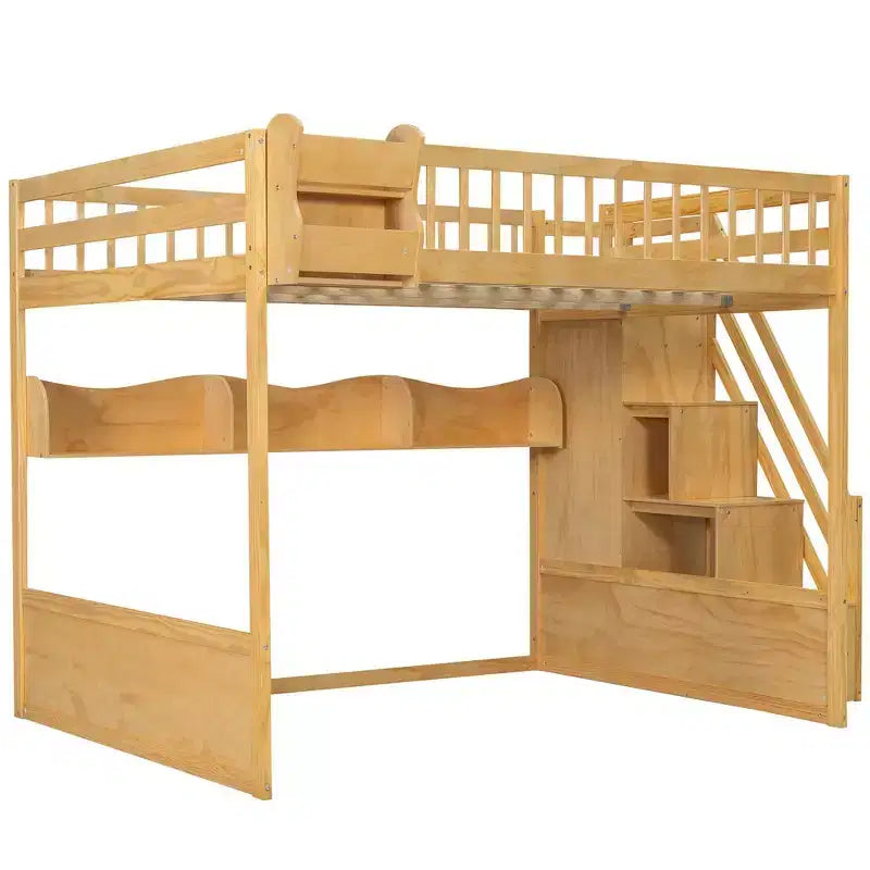 Whisen Queen Size Wooden Loft Bed Frame with Staircase and Wardrobe, Storage Shelves and Under-bed Space